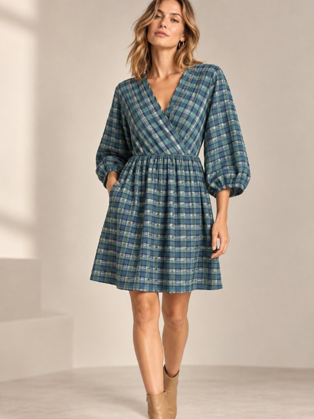 Madewell Marianna Puff Sleeve Mini Dress in Green/Navy Plaid Size Extra Small XS